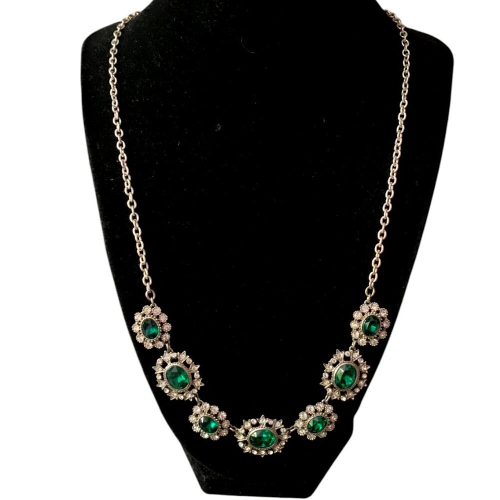 Silver Tone Necklace Faux Green "Emerald" and "Diamonds"